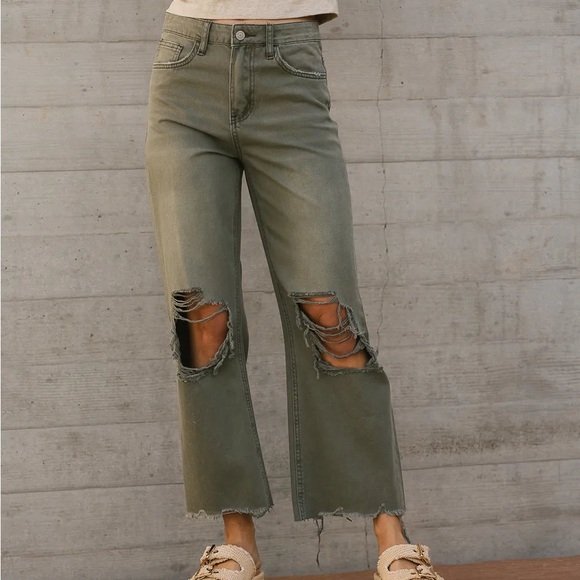 Böhme Distressed Cropped Wide Leg Jeans • Green with Medium Wash - Picture 5 of 5